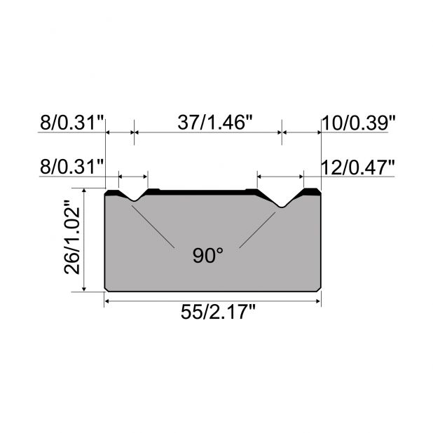 2-V Matrijs R1 Eurostyle type met hoogte=26mm, α=90°, Radius=0.5/0.8mm, Gereedschapsstaal=C45, Max. capacite