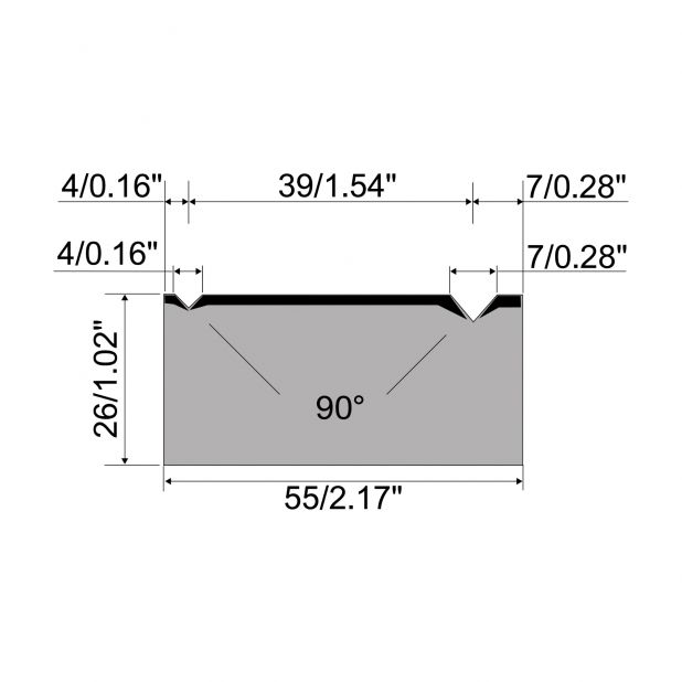 2-V Matrijs R1 Eurostyle type met hoogte=26mm, α=90°, Radius=0.3/0.5mm, Gereedschapsstaal=C45, Max. capacite
