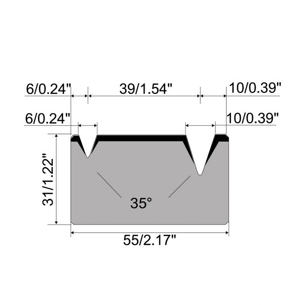 2-V Matrijs R1 Eurostyle type met hoogte=31mm, α=35°, Radius=0.6/1mm, Gereedschapsstaal=C45, Max. capaciteit