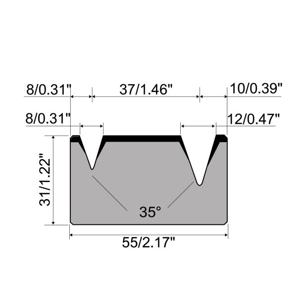 2-V Matrijs R1 Eurostyle type met hoogte=31mm, α=35°, Radius=1/1.2mm, Gereedschapsstaal=C45, Max. capaciteit