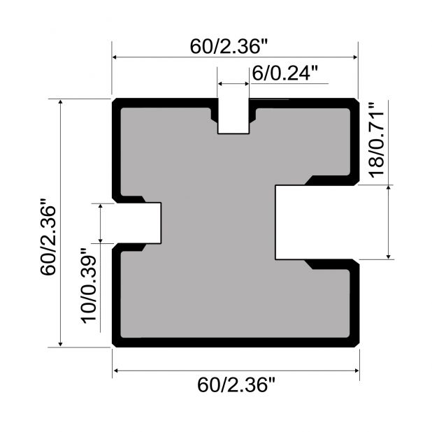 Multi-V-matrijs R1 Eurostyle type met hoogte=60mm, α=0°, Gereedschapsstaal=C45, Max. capaciteit=1000kN/m.