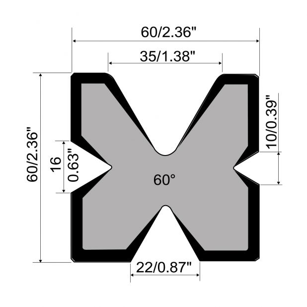 Multi-V-matrijs R1 Eurostyle type met hoogte=60mm, α=60°, Gereedschapsstaal=C45, Max. capaciteit=600kN/m.