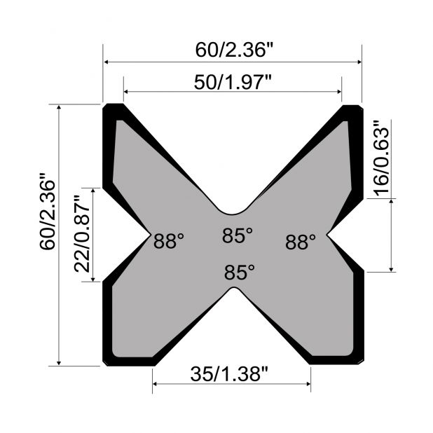 Multi-V-matrijs R1 Eurostyle type met hoogte=60mm, α=88/85°, Gereedschapsstaal=C45, Max. capaciteit=800kN/m.