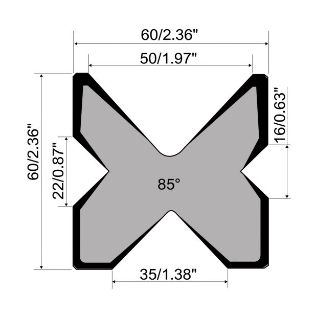 Multi-V-matrijs R1 Eurostyle type met hoogte=60mm, α=85°, Gereedschapsstaal=C45, Max. capaciteit=800kN/m.