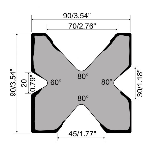 Multi-V-matrijs R1 Eurostyle type met hoogte=90mm, α=80/60°, Gereedschapsstaal=C45, Max. capaciteit=600kN/m.