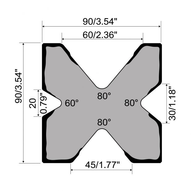 Multi-V-matrijs R1 Eurostyle type met hoogte=90mm, α=80/60°, Gereedschapsstaal=C45, Max. capaciteit=1000kN/m