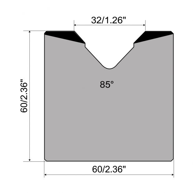 1-V Matrijs R1 Eurostyle type met hoogte=60mm, α=85°, Radius=4mm, Gereedschapsstaal=C45, Max. capaciteit=100