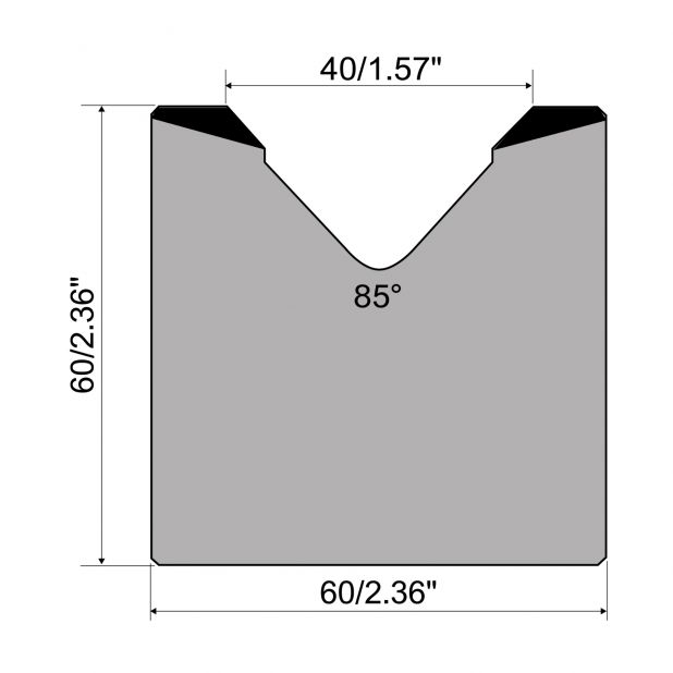 1-V Matrijs R1 Eurostyle type met hoogte=60mm, α=85°, Radius=4mm, Gereedschapsstaal=C45, Max. capaciteit=100