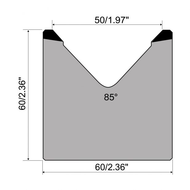 1-V Matrijs R1 Eurostyle type met hoogte=60mm, α=85°, Radius=4mm, Gereedschapsstaal=C45, Max. capaciteit=100