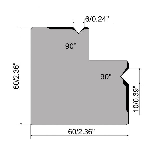 Multi-V-matrijs R1 Eurostyle type met hoogte=60mm, α=90°, Gereedschapsstaal=C45, Max. capaciteit=1000kN/m.