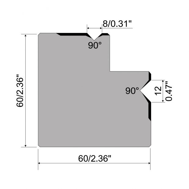 Multi-V-matrijs R1 Eurostyle type met hoogte=60mm, α=90°, Gereedschapsstaal=C45, Max. capaciteit=1000kN/m.