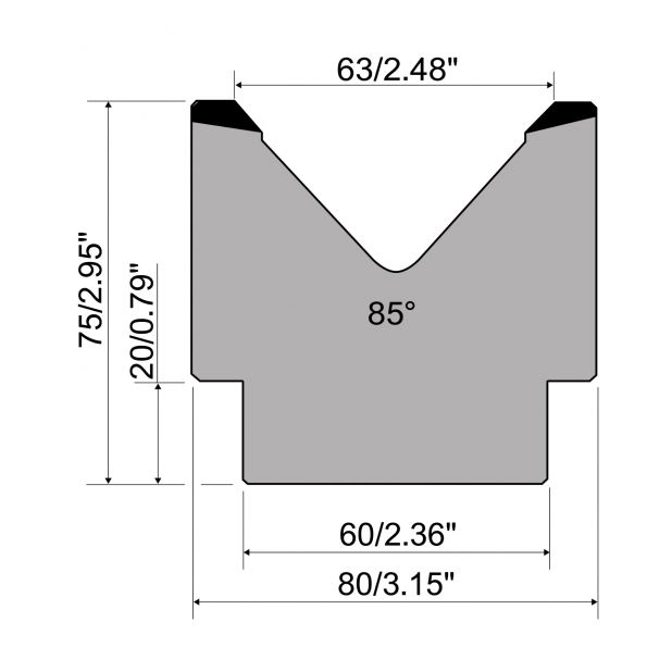 1-V Matrijs R1 Eurostyle type met hoogte=75mm, α=85°, Radius=5mm, Gereedschapsstaal=C45, Max. capaciteit=100