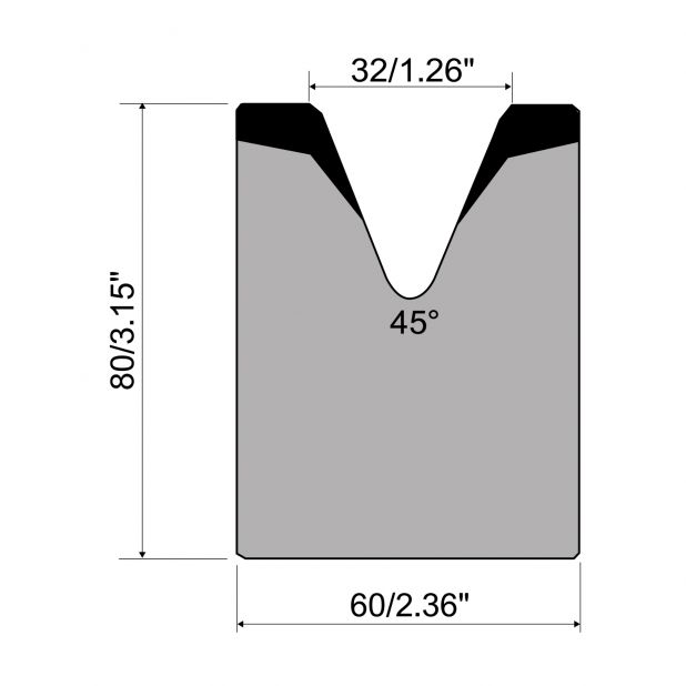 1-V Matrijs R1 Eurostyle type met hoogte=80mm, α=45°, Radius=4mm, Gereedschapsstaal=C45, Max. capaciteit=100