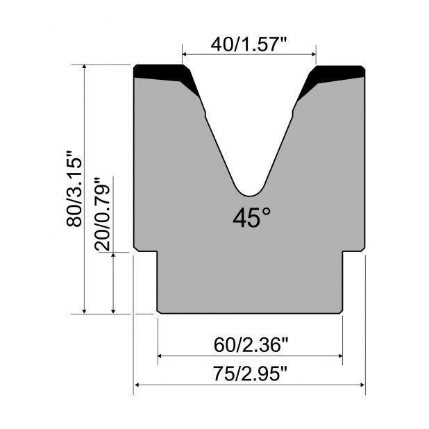 1-V Matrijs R1 Eurostyle type met hoogte=80mm, α=45°, Radius=4mm, Gereedschapsstaal=C45, Max. capaciteit=100