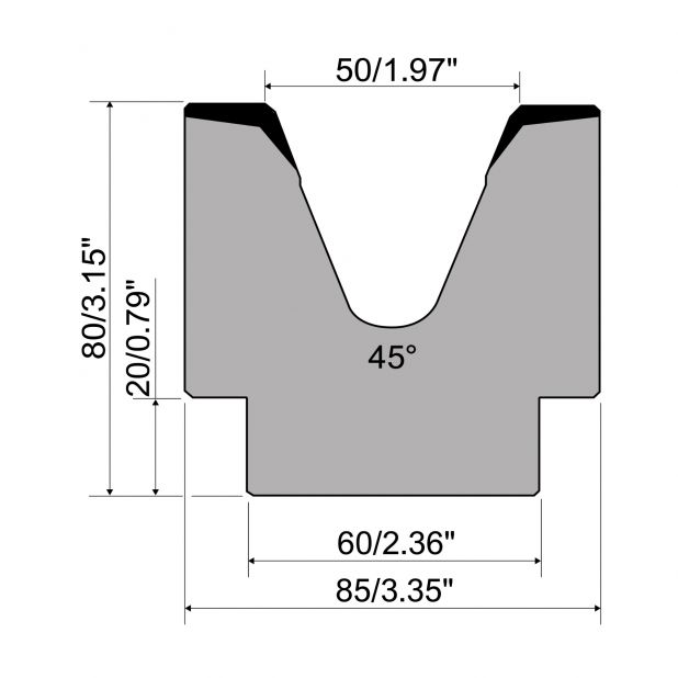 1-V Matrijs R1 Eurostyle type met hoogte=80mm, α=45°, Radius=4mm, Gereedschapsstaal=C45, Max. capaciteit=100