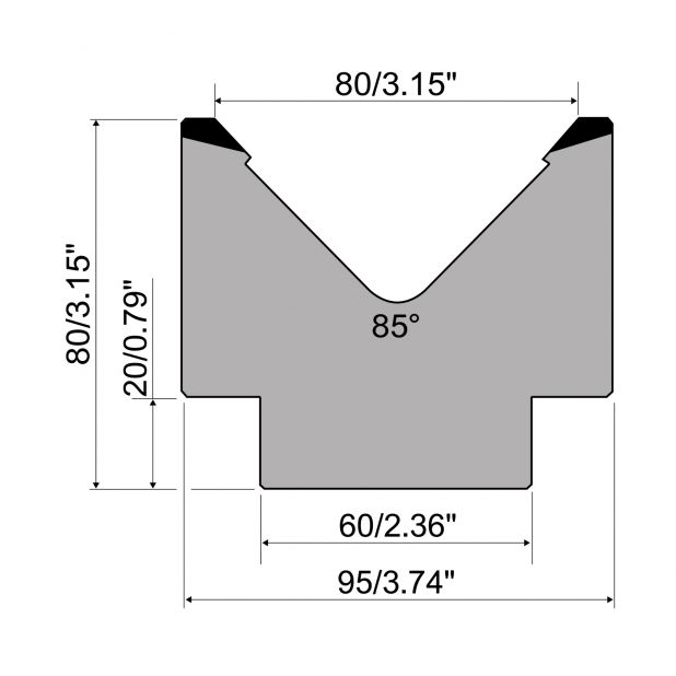 1-V Matrijs R1 Eurostyle type met hoogte=80mm, α=85°, Radius=6mm, Gereedschapsstaal=C45, Max. capaciteit=100