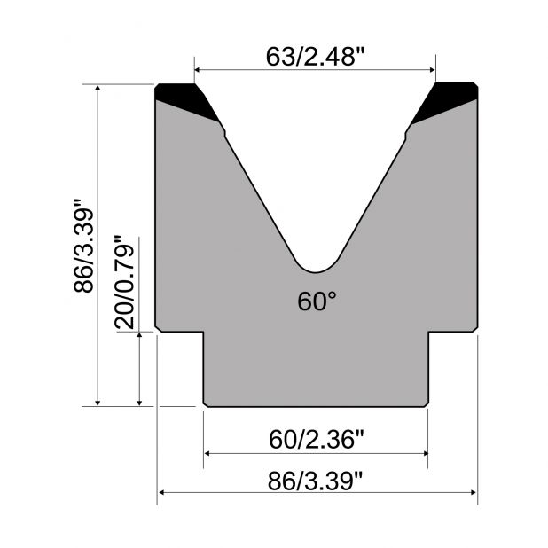 1-V Matrijs R1 Eurostyle type met hoogte=86mm, α=60°, Radius=5mm, Gereedschapsstaal=C45, Max. capaciteit=100