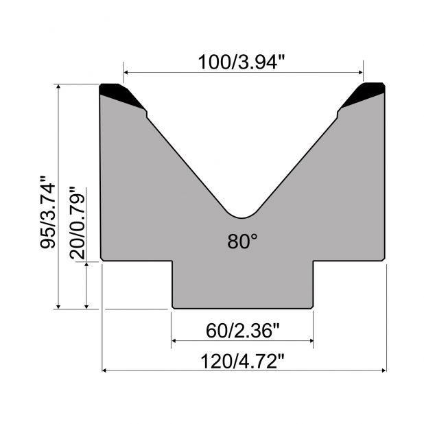 1-V Matrijs R1 Eurostyle type met hoogte=95mm, α=80°, Radius=8mm, Gereedschapsstaal=C45, Max. capaciteit=100