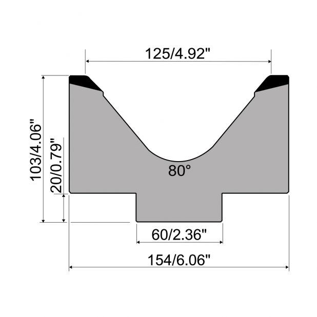 1-V Matrijs R1 Eurostyle type met hoogte=103mm, α=80°, Radius=15mm, Gereedschapsstaal=C45, Max. capaciteit=7