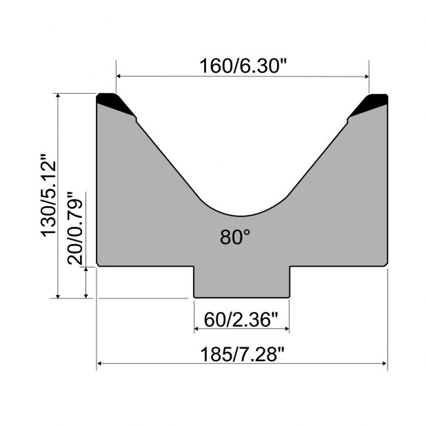 1-V Matrijs R1 Eurostyle type met hoogte=130mm, α=80°, Radius=10mm, Gereedschapsstaal=C45, Max. capaciteit=7