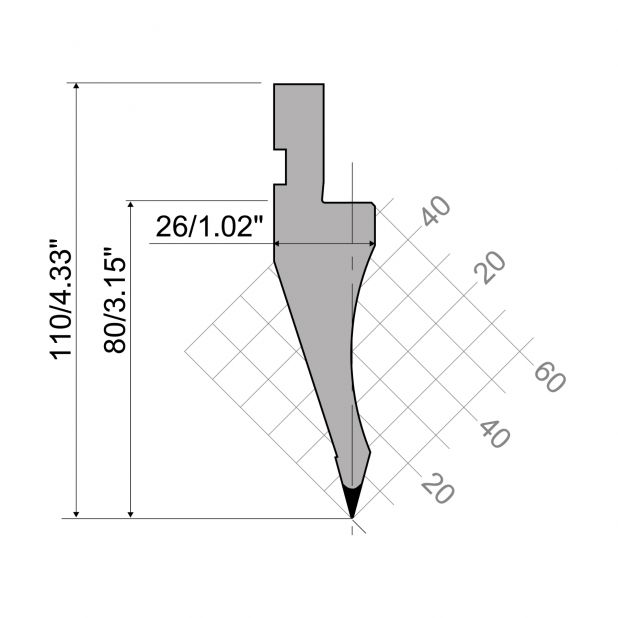 Bovengereedschap R1 Eurostyle type met werkhoogte=80mm, α=30°, Radius=0,6mm, Gereedschapsstaal=C45, Max. cap