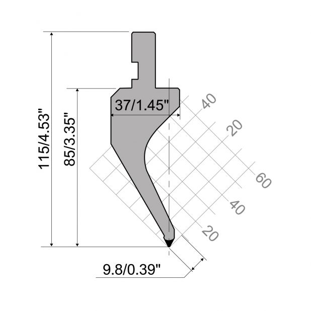 Bovengereedschap R1 Eurostyle type met werkhoogte=85mm, α=60°, Radius=0,8mm, Gereedschapsstaal=42Cr, Max. ca