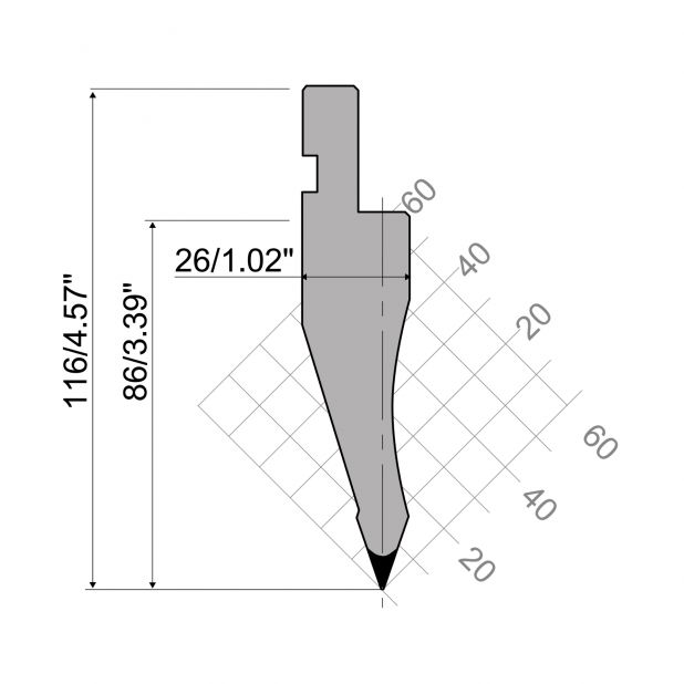 Bovengereedschap R1 Eurostyle type met werkhoogte=86mm, α=35°, Radius=0,8mm, Gereedschapsstaal=C45, Max. cap