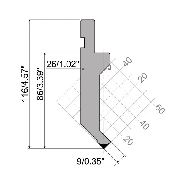 Bovengereedschap R1 Eurostyle type met werkhoogte=86mm, α=88°, Radius=0,8mm, Gereedschapsstaal=C45, Max. cap