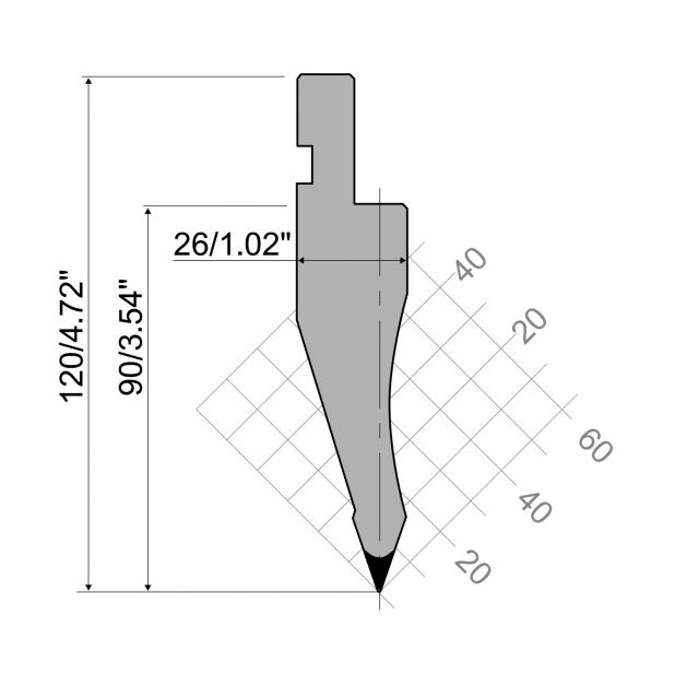 Bovengereedschap R1 Eurostyle type met werkhoogte=90mm, α=35°, Radius=1,5mm, Gereedschapsstaal=C45, Max. cap