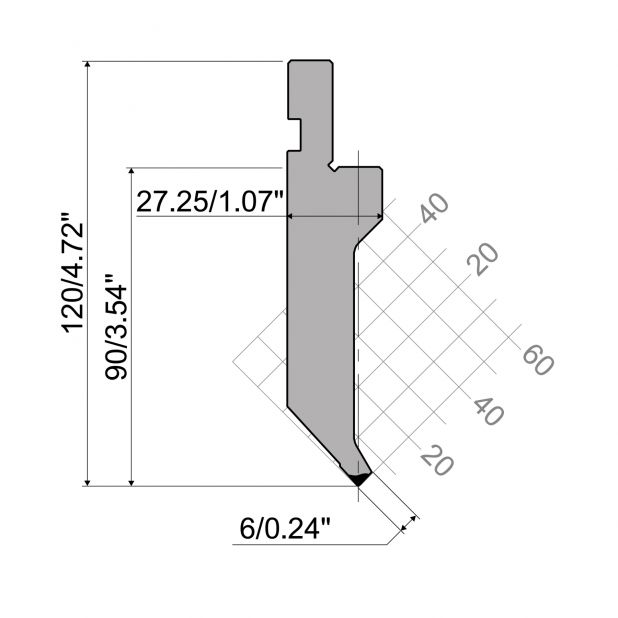 Bovengereedschap R1 Eurostyle type met werkhoogte=90mm, α=85°, Radius=1mm, Gereedschapsstaal=42Cr, Max. capa