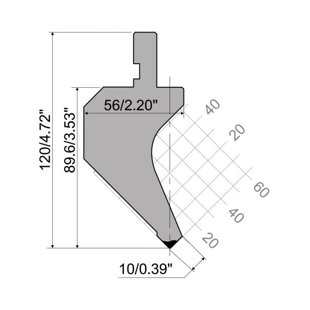 Bovengereedschap R1 Eurostyle type met werkhoogte=89,65mm, α=88°, Radius=0,8mm, Gereedschapsstaal=C45, Max.