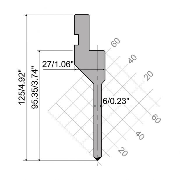 Bovengereedschap R1 Eurostyle type met werkhoogte=95mm, α=88°, Radius=0,25mm, Gereedschapsstaal=42Cr, Max. c