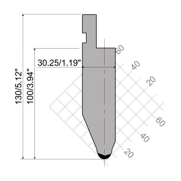 Bovengereedschap R1 Eurostyle type met werkhoogte=100mm, α=45°, Radius=6mm, Gereedschapsstaal=C45, Max. capa