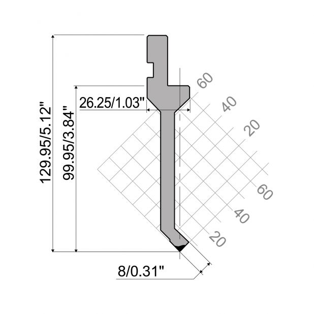 Bovengereedschap R1 Eurostyle type met werkhoogte=99,95mm, α=85°, Radius=0,25mm, Gereedschapsstaal=42Cr, Max