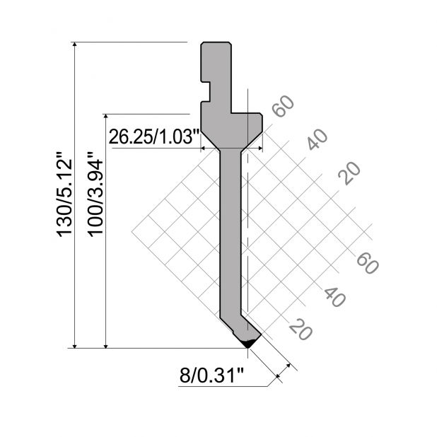 Bovengereedschap R1 Eurostyle type met werkhoogte=100mm, α=88°, Radius=0,6mm, Gereedschapsstaal=42Cr, Max. c