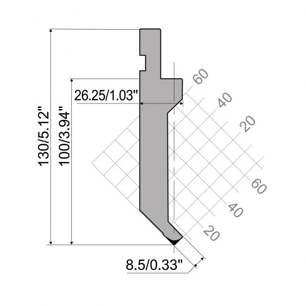 Bovengereedschap R1 Eurostyle type met werkhoogte=100mm, α=88°, Radius=0,8mm, Gereedschapsstaal=C45, Max. ca