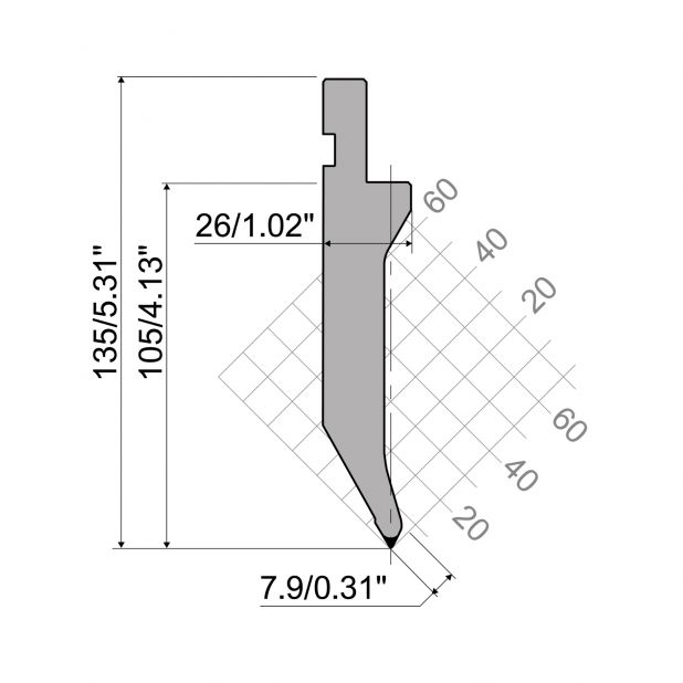 Bovengereedschap R1 Eurostyle type met werkhoogte=105mm, α=60°, Radius=0,8mm, Gereedschapsstaal=42Cr, Max. c