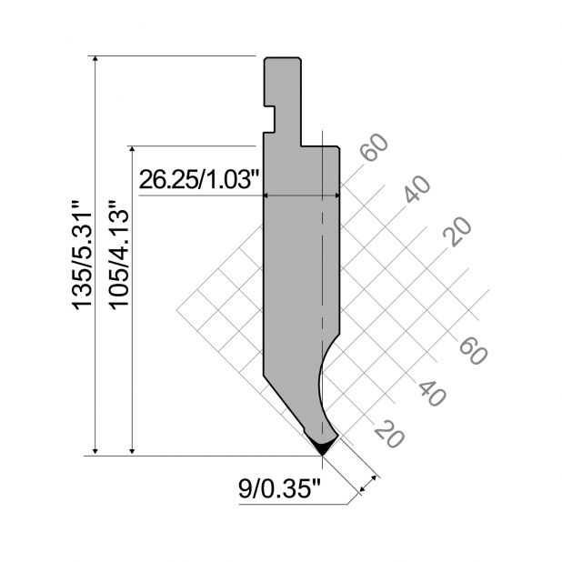 Bovengereedschap R1 Eurostyle type met werkhoogte=105mm, α=75°, Radius=0,8mm, Gereedschapsstaal=42Cr, Max. c