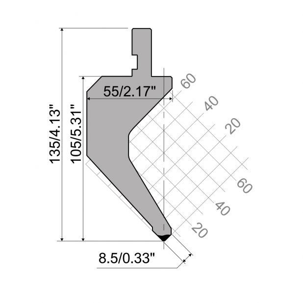 Bovengereedschap R1 Eurostyle type met werkhoogte=105mm, α=85°, Radius=0,8mm, Gereedschapsstaal=42Cr, Max. c