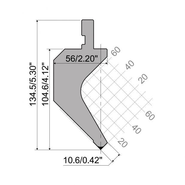 Bovengereedschap R1 Eurostyle type met werkhoogte=104,6mm, α=88°, Radius=0,25mm, Gereedschapsstaal=C45, Max.