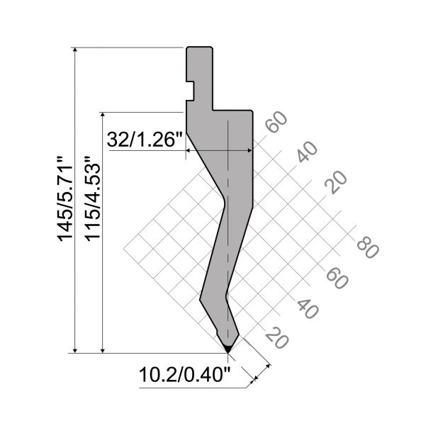 Bovengereedschap R1 Eurostyle type met werkhoogte=115mm, α=60°, Radius=0,8mm, Gereedschapsstaal=42Cr, Max. c