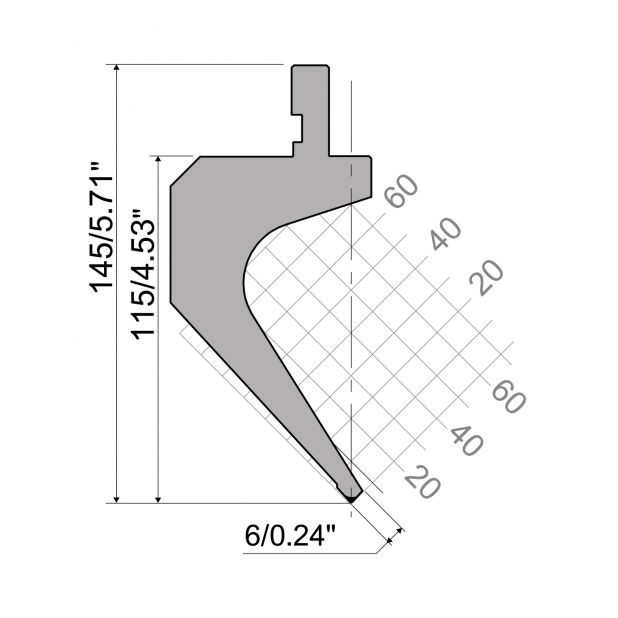 Bovengereedschap R1 Eurostyle type met werkhoogte=115mm, α=85°, Radius=0,8mm, Gereedschapsstaal=42Cr, Max. c