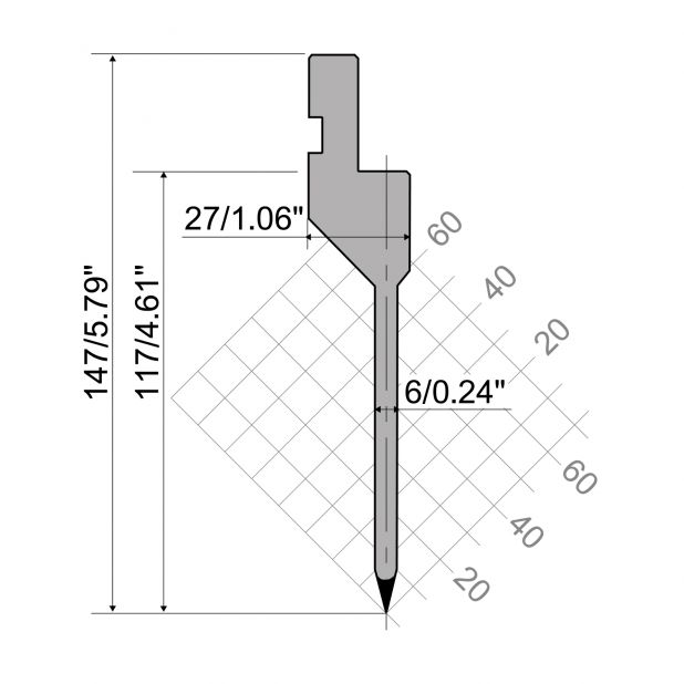 Bovengereedschap R1 Eurostyle type met werkhoogte=117mm, α=26°, Radius=0,8mm, Gereedschapsstaal=42Cr, Max. c