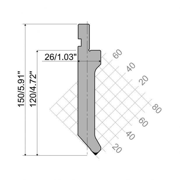 Bovengereedschap R1 Eurostyle type met werkhoogte=120mm, α=85°, Radius=1mm, Gereedschapsstaal=C45, Max. capa