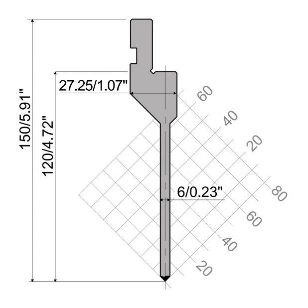 Bovengereedschap R1 Eurostyle type met werkhoogte=120mm, α=88°, Radius=0,25mm, Gereedschapsstaal=42Cr, Max.