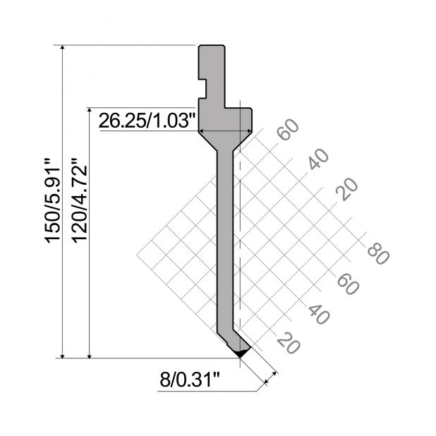 Bovengereedschap R1 Eurostyle type met werkhoogte=120mm, α=88°, Radius=0,6mm, Gereedschapsstaal=42Cr, Max. c