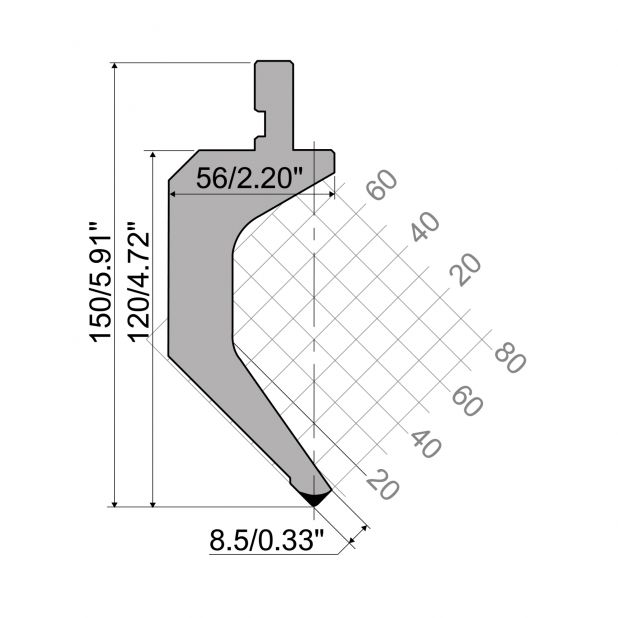 Bovengereedschap R1 Eurostyle type met werkhoogte=120mm, α=88°, Radius=0,8mm, Gereedschapsstaal=42Cr, Max. c