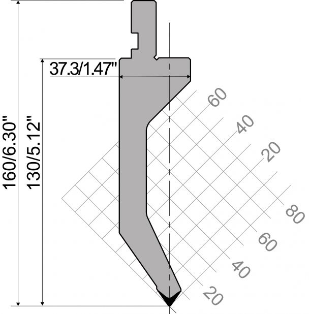 Bovengereedschap R1 Eurostyle type met werkhoogte=130mm, α=70°, Radius=0,8mm, Gereedschapsstaal=42Cr, Max. c