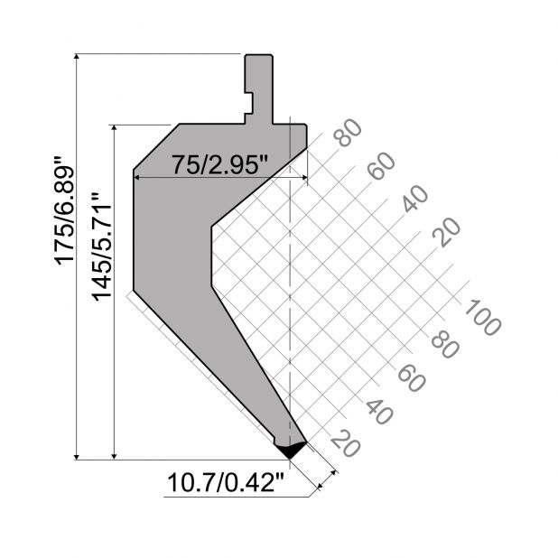 Bovengereedschap R1 Eurostyle type met werkhoogte=145mm, α=88°, Radius=0,8mm, Gereedschapsstaal=C45, Max. ca