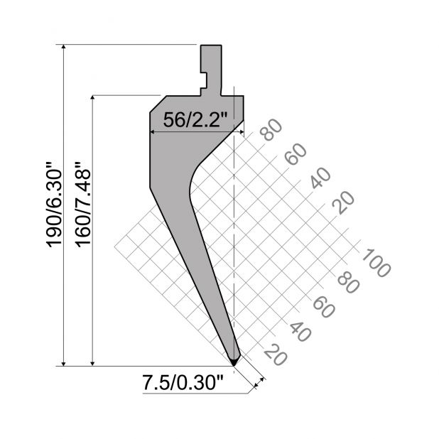 Bovengereedschap R1 Eurostyle type met werkhoogte=160mm, α=60°, Radius=0,8mm, Gereedschapsstaal=C45, Max. ca